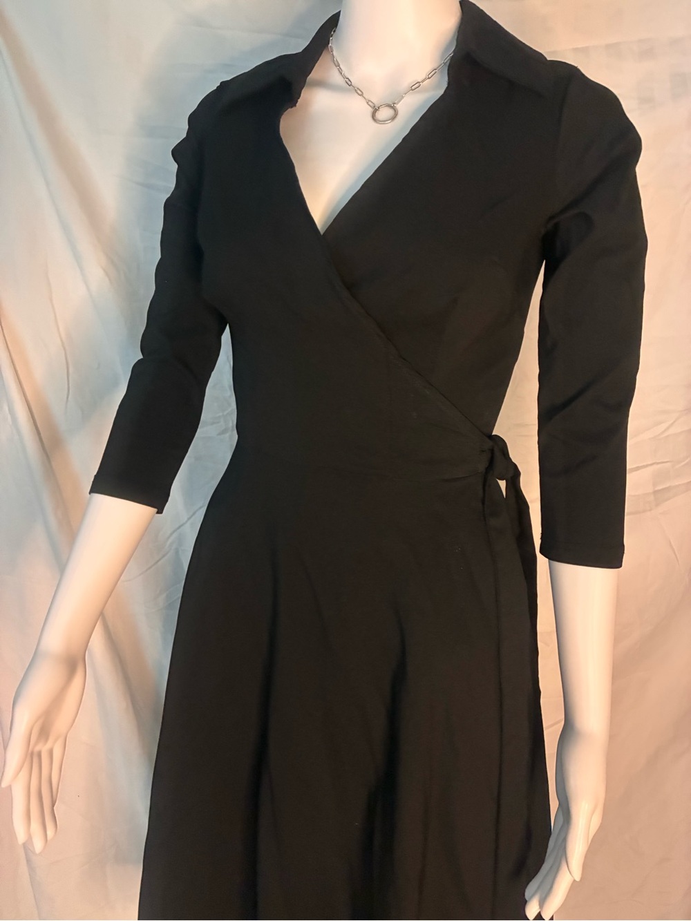 Unique Vintage Classic Black Wrap Dress with Collar